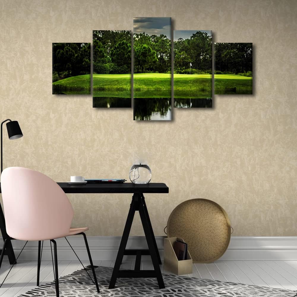 Wall Pictures for Living Room Golf Course Paintings Sunset Scape Artwork Multi Panel Green Canvas Wall Art Modern Home Decoration Giclee Wooden Framed Posters and Prints Ready to Hang - 60"W x 32"H