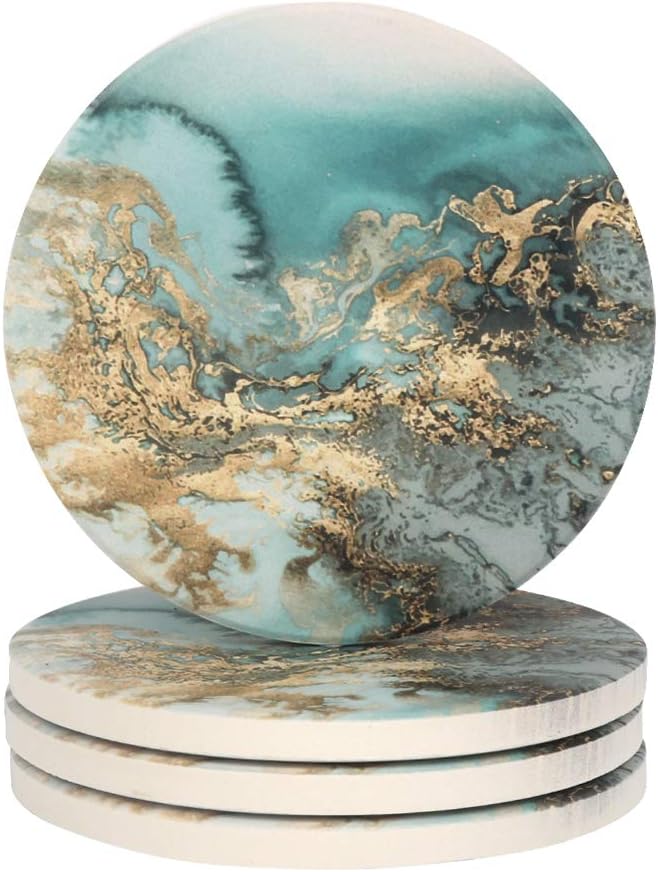Lahome Marble Pattern Coasters - Round Drinks Absorbent Stone Coaster Set with Ceramic Stone and Cork Base for Kinds of Mugs and Cups (Blue, Set of 4)