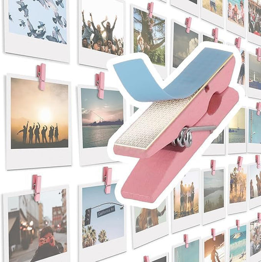 20 Pack Mini Self Adhesive Clips for Pictures - Wood Clip Photo Holders for Wall, Photo Cards Hanging Display Board & Picture Boards, Artwork Photos Holders Hangers Room Decor (Pink)