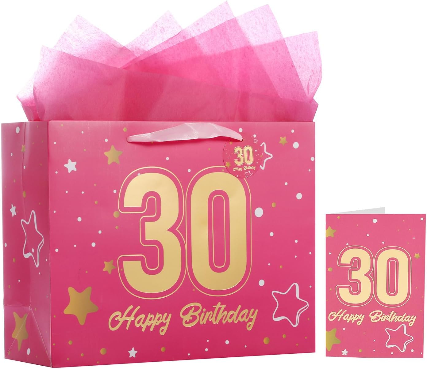 Powbrace 13" Pink Happy Birthday Gift Bag with Tissue Paper and Greeting Card for Party,Happy Birthday Gift Bag for Men Women,Gift Bags Medium size(1 Pink 30th)
