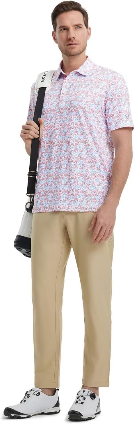 M MAELREG Mens Golf Shirt Short Sleeve Dry Fit Print Moisture Wicking Performance Patterns Collared Polo Shirt