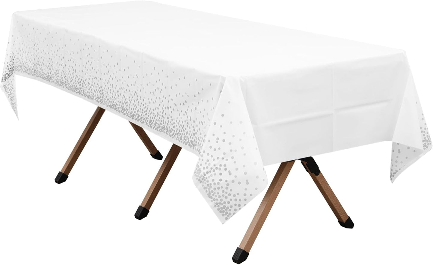 2 Pack Silver Polka Dots White Premium Plastic Tablecloth Rectangle 54 x 108 Inches Reusable Silver Spot Decorative White Table Cover for Dining, Wedding, Party, Indoor and Outdoor use