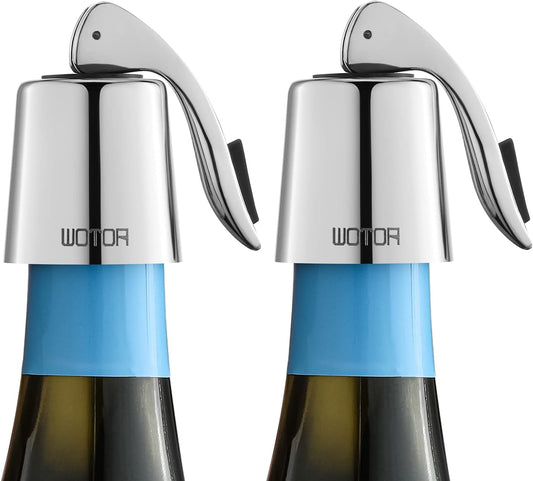 WOTOR Stainless Steel Wine Bottle Stoppers with Silicone - Reusable Wine Saver and Decorative Bottle Sealer, Leakproof, Keep Fresh, Silver, 2 Pack