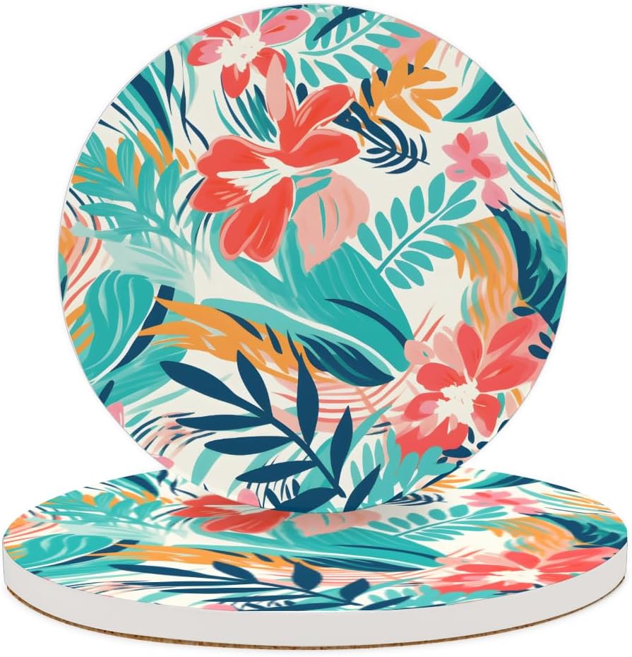Ceramic Coasters for Drinks with Cork Back, Colorful Tropical Print 4 Inch Absorbent Coaster Set 2 Pack, Quick Dry Non-Slip Coaster Mats for Home, Office, Bar