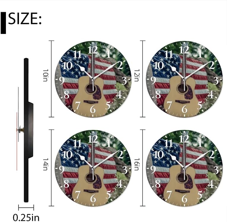 Guitar Wall Clock Non-Ticking Silent Clocks Battery Operated Analog Decor Clock for Home-Guitars Sitting On Fence with American Flag(10inch)