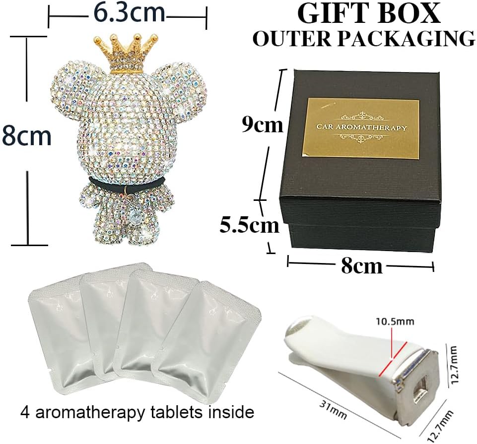 Handmade Bling Rhinestone Bear Car Air Freshener Cute Ornaments Car Vent Clips Accessories Perfume Clip Aromatherapy Diffuser Fragrance Cotton Pad Car Interior Decoratio Women Girl (AB白)