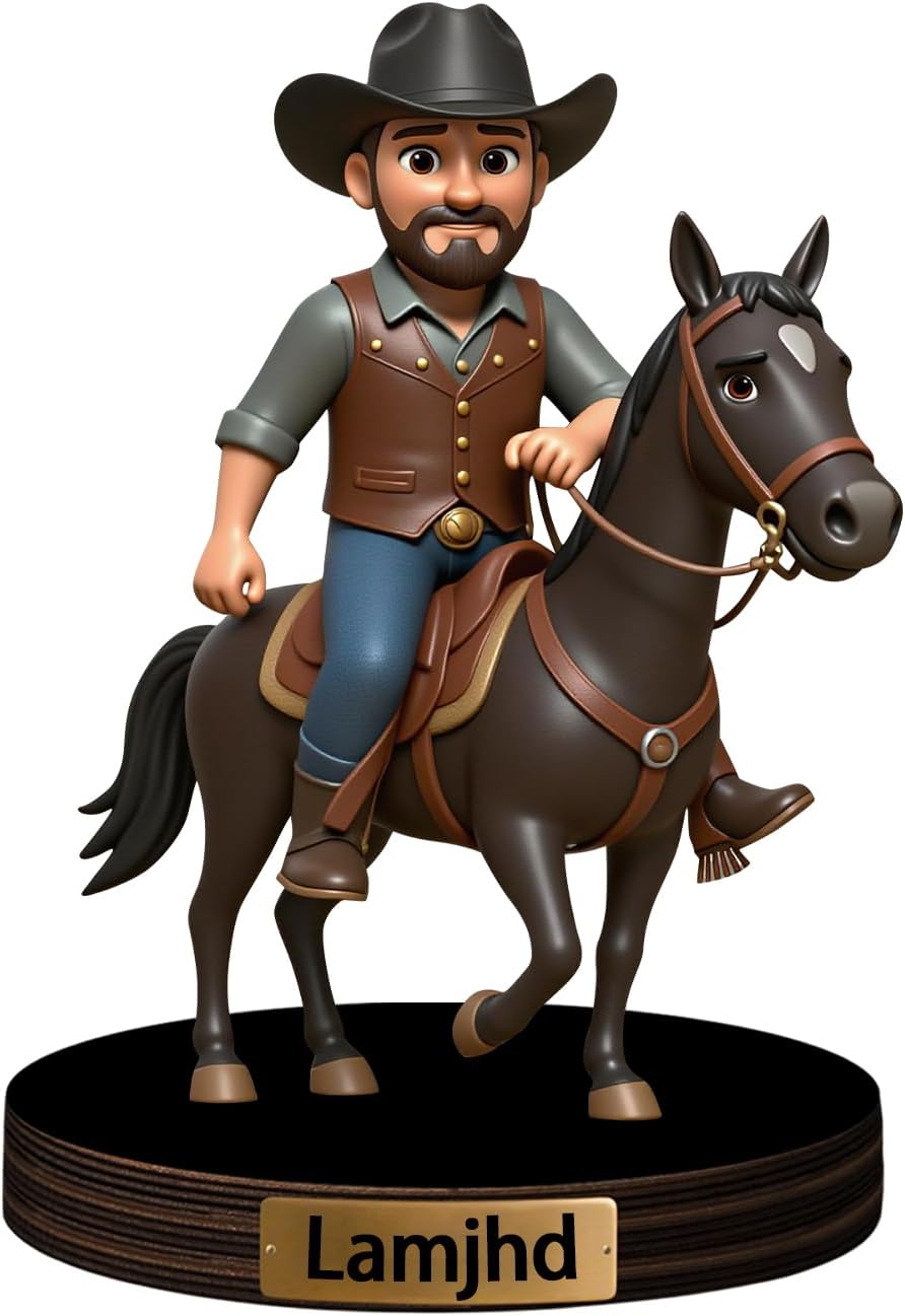 Personalized Horse Racing Cartoon Photo Sculpture Ornament Custom Name 2D Acrylic Horse Rider Photo Figurine Desk Decor Gift for Men Women Family Race Horses Lover Birthday Xmas (Style 6)