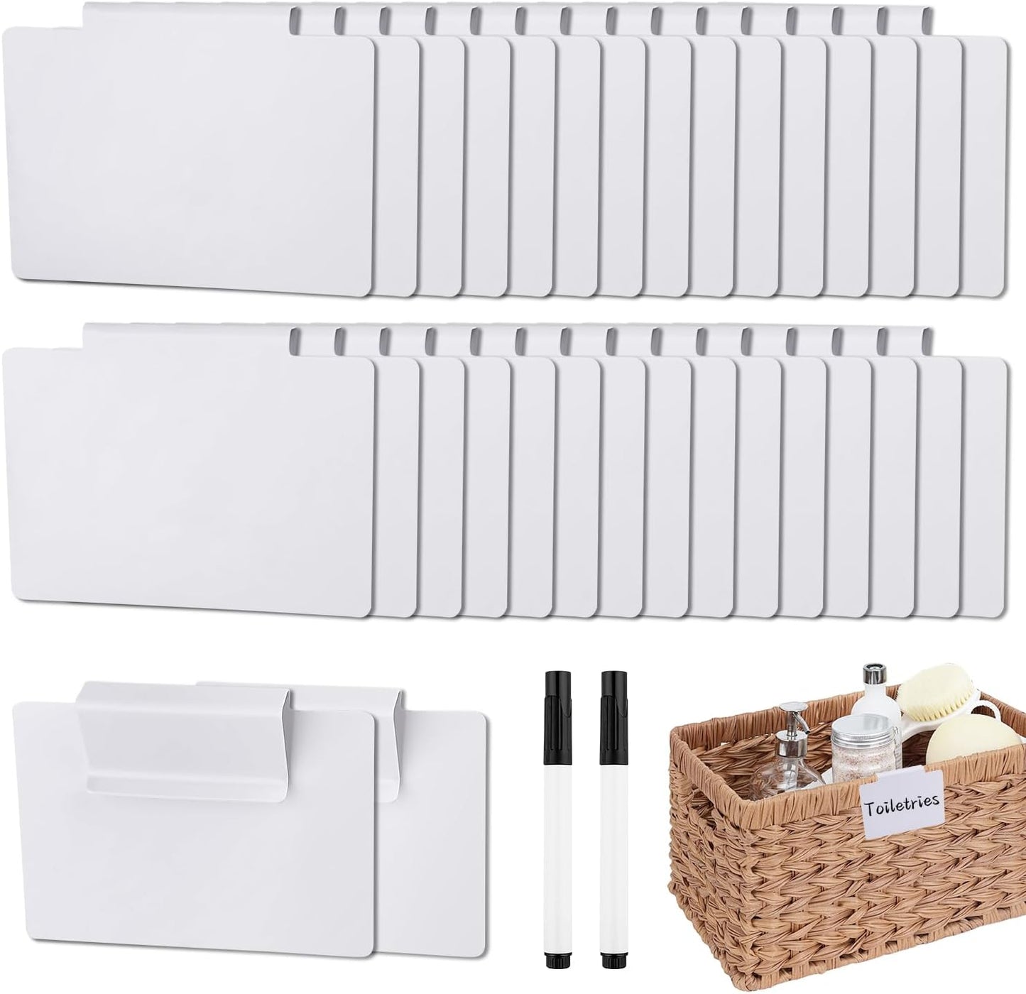 34 Pcs Basket Labels Clip on Set, Include 32 Kitchen Clip Label Holder Removable Storage Bin Labels with 2 Black Marker for Storage Bins Organization Box (White)