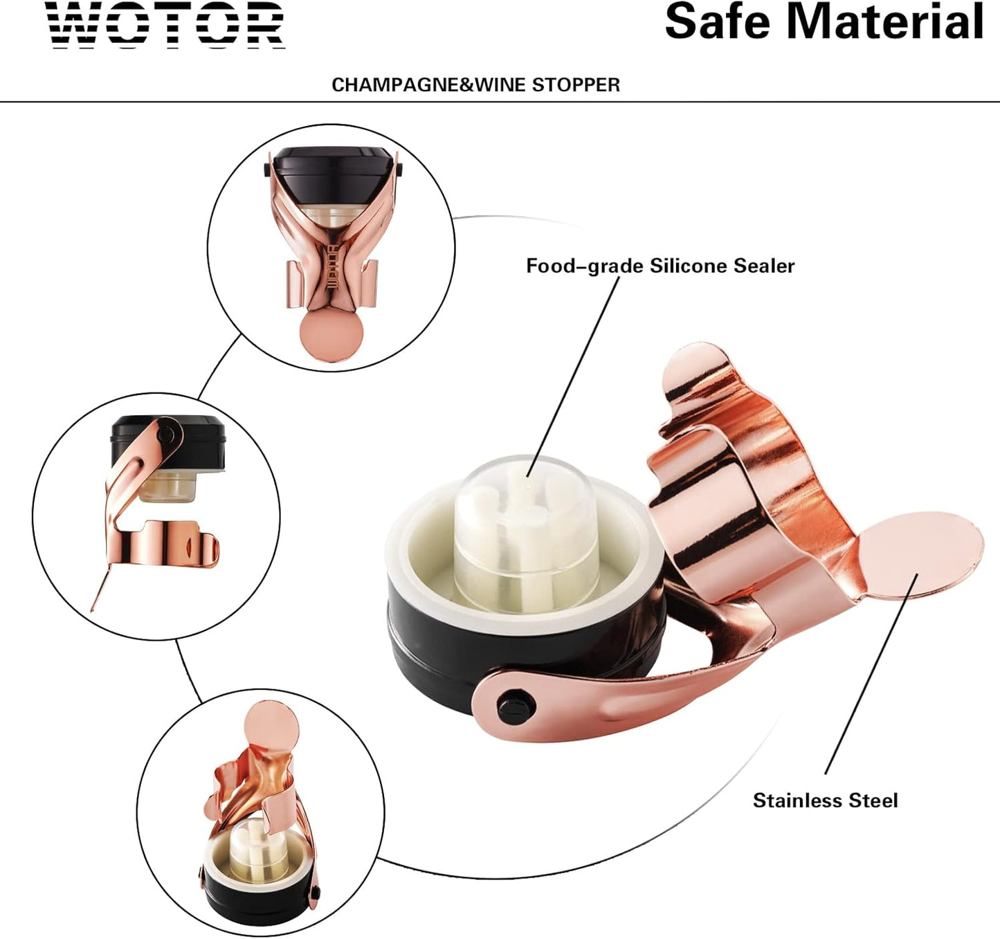 WOTOR Champagne&Wine Bottle Stoppers Stainless Steel with Food Grade Silicone, Leak Proof Keep Fresh Reusable Saver, Cork Suitable for Wine, Champagne, Cava, Prosecco and Sparkling (2 Pack Rosegold）