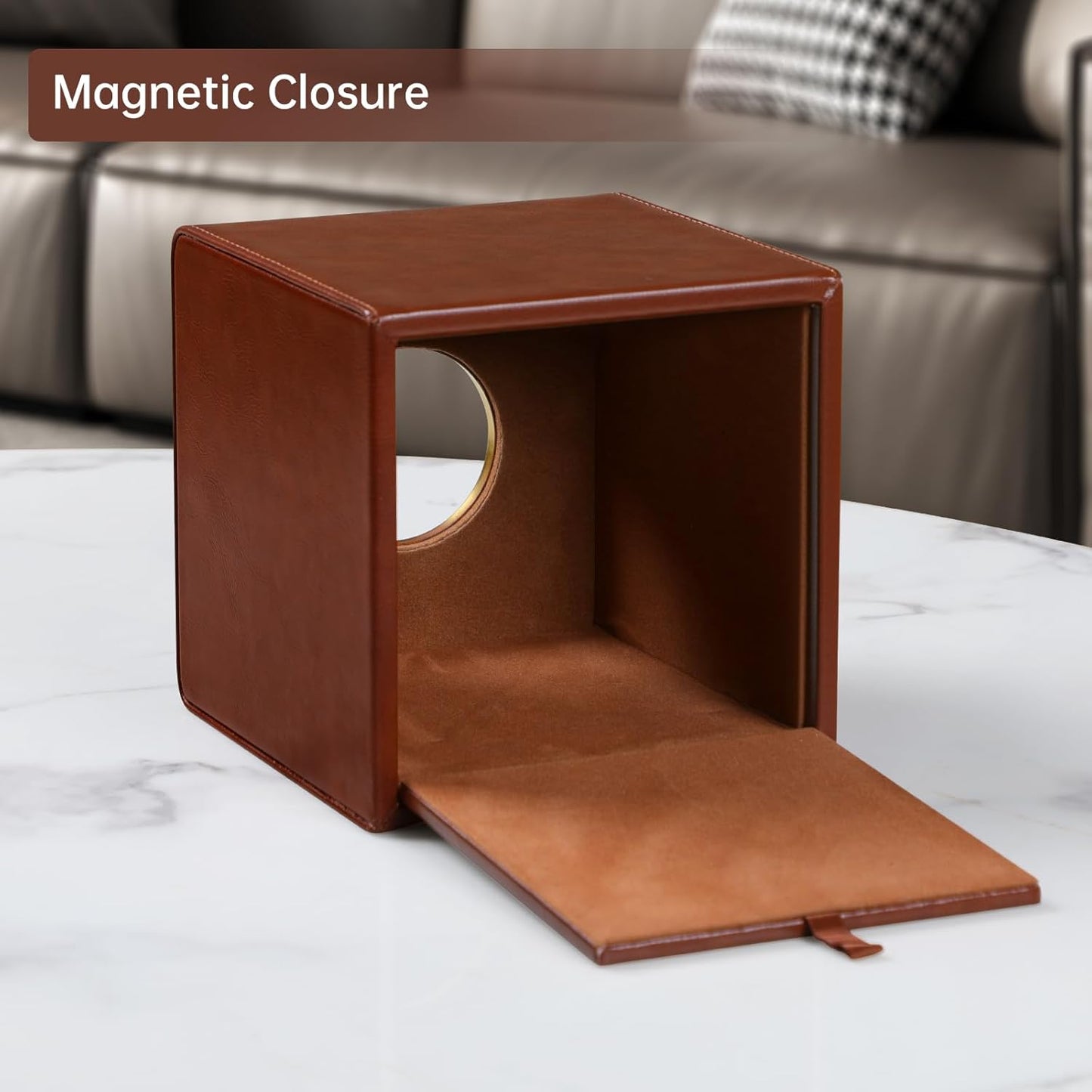 Square Tissue Box Cover, Luxury PU Leather Tissue Holder with Magnetic Closure (Brown)
