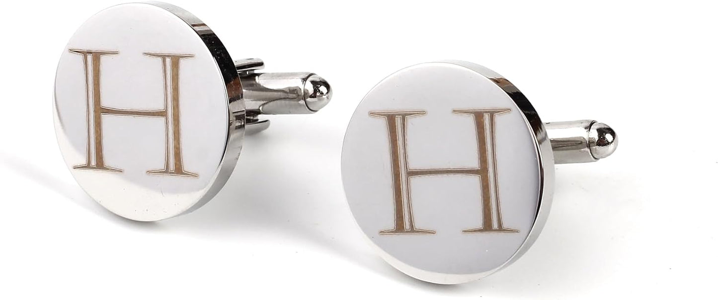 Mens Initial Silver Cufflinks A-Z Alphabet Letter Steel Cuff Links with Engraved Walnut Wood Box Groom Groomsman Wedding Set…