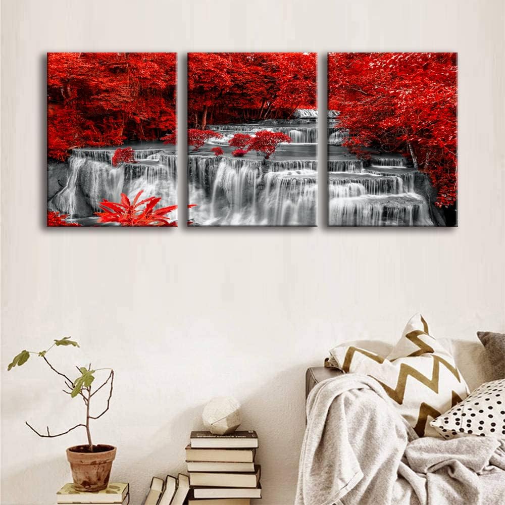 Yxbhhym Black White and Red Waterfall Canvas Wall Art Trees Forest Painting Landscape Artwork for Wall Picture Waterfall Prints for Bedroom Living Room Decor Bathroom Wall Art-Framed