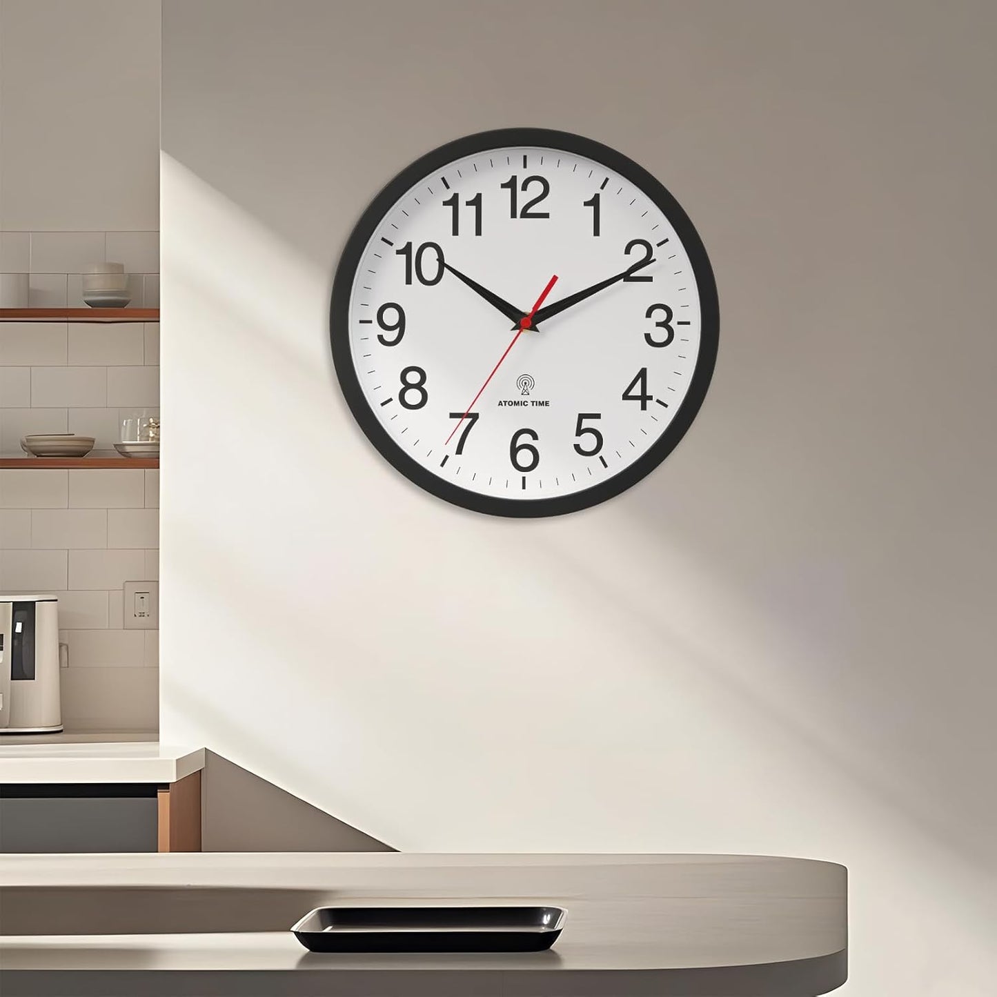 Atomic Wall Clock, Modern 14 Inch Battery Operated Wall Clocks, Analog Clock for Living Room, Office, Home, Bedroom, Kitchen, Bathroom(Black)