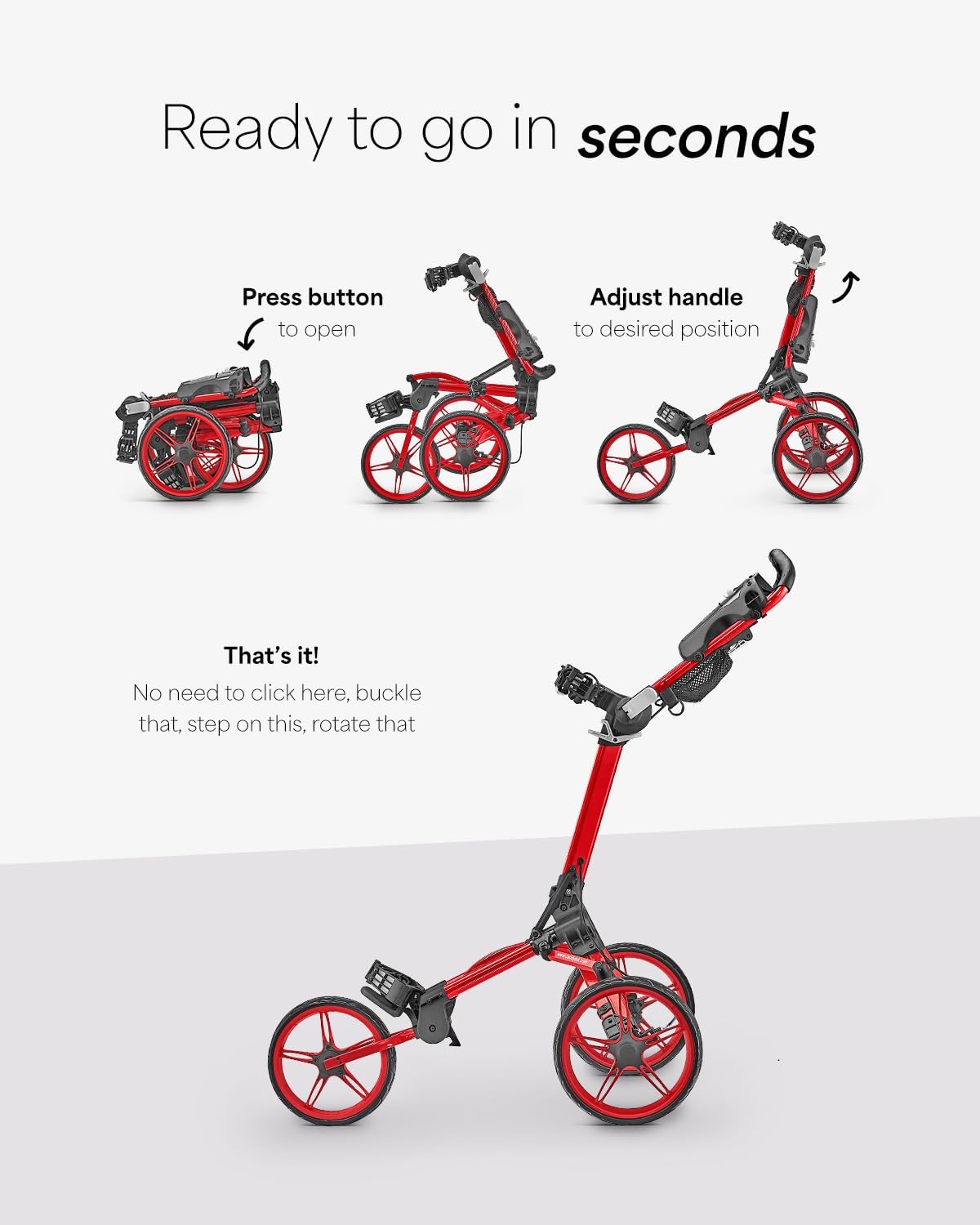 Caddytek CaddyLite Compact Golf Push Cart - Lightweight Aluminum 3-Wheel Foldable Golf Bag Cart with Quad-Fold System, EVA Wheels, Adjustable Handle, Brake, Mesh Net, Umbrella & Drink Holder