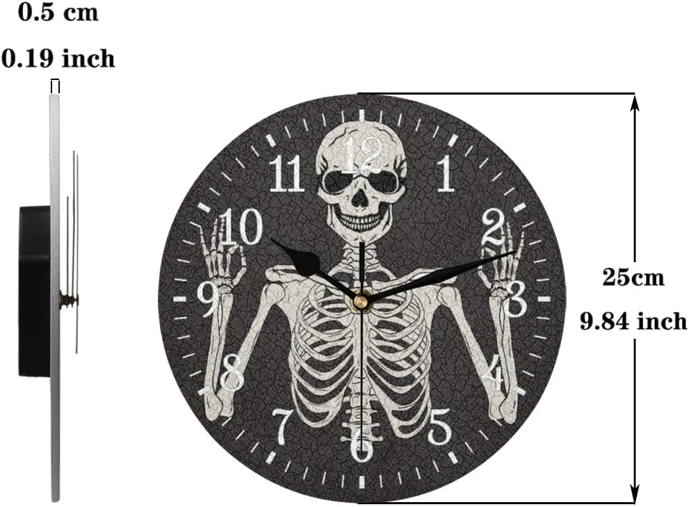 Wall Clock Without Ticking Sound - 25cm Silent Round Clocks Battery Operated Modern Decorative Style Easy to Read for Living Room/Kitchen/Bedrooms/Office/Home Decor/Hallway （Skull）