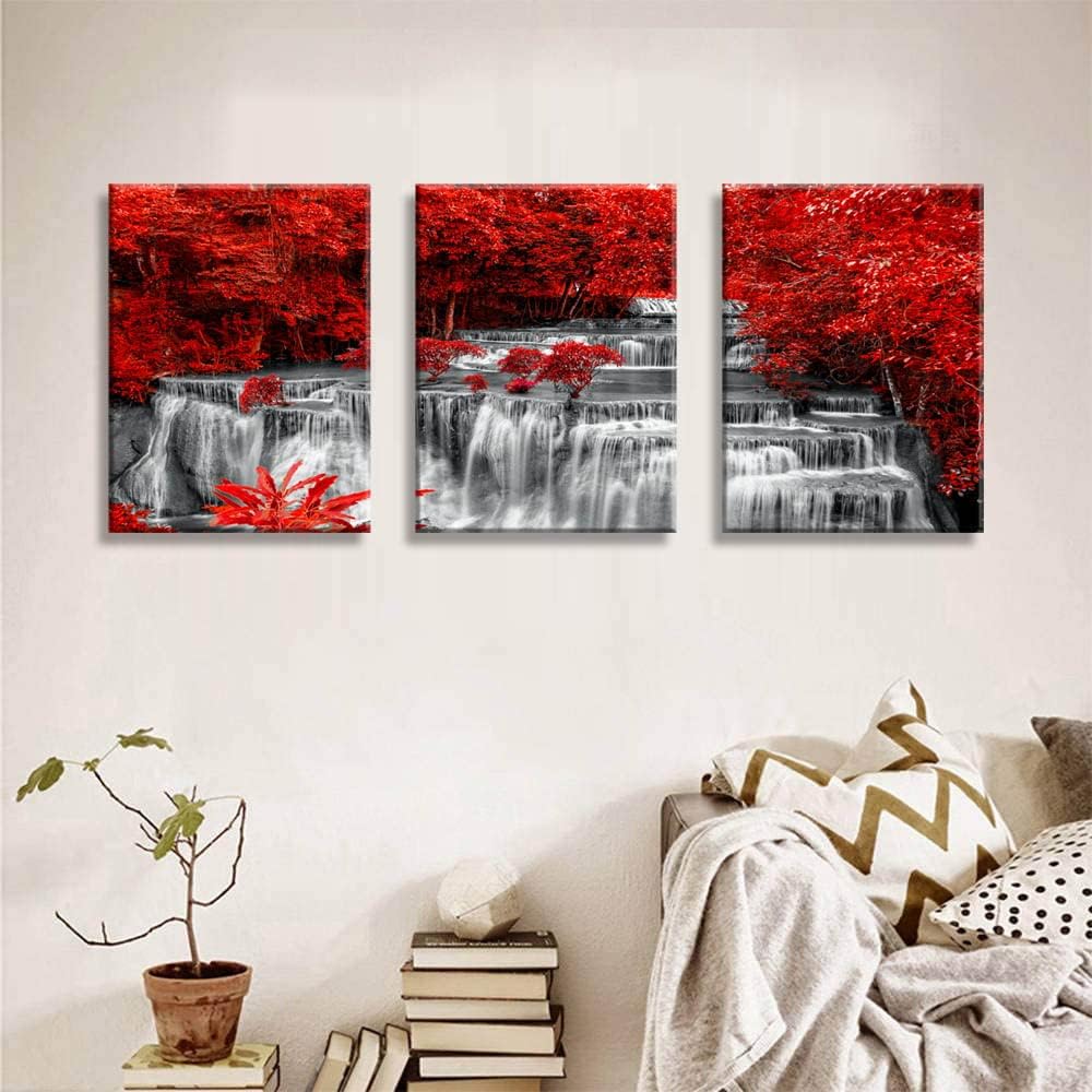 Yxbhhym Black White and Red Waterfall Canvas Wall Art Trees Forest Painting Landscape Artwork for Wall Picture Waterfall Prints for Bedroom Living Room Decor Bathroom Wall Art-Framed