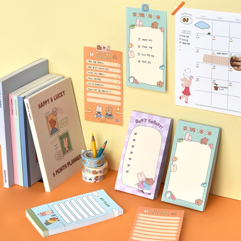 Monolike Memopad Happy and Lucky Littles Series.1 4P SET - 4 Packs, 4 Different Designs, 80 Sheets Per Pad, Total 320 Sheets, Note pads, Writing pads, 80x148mm