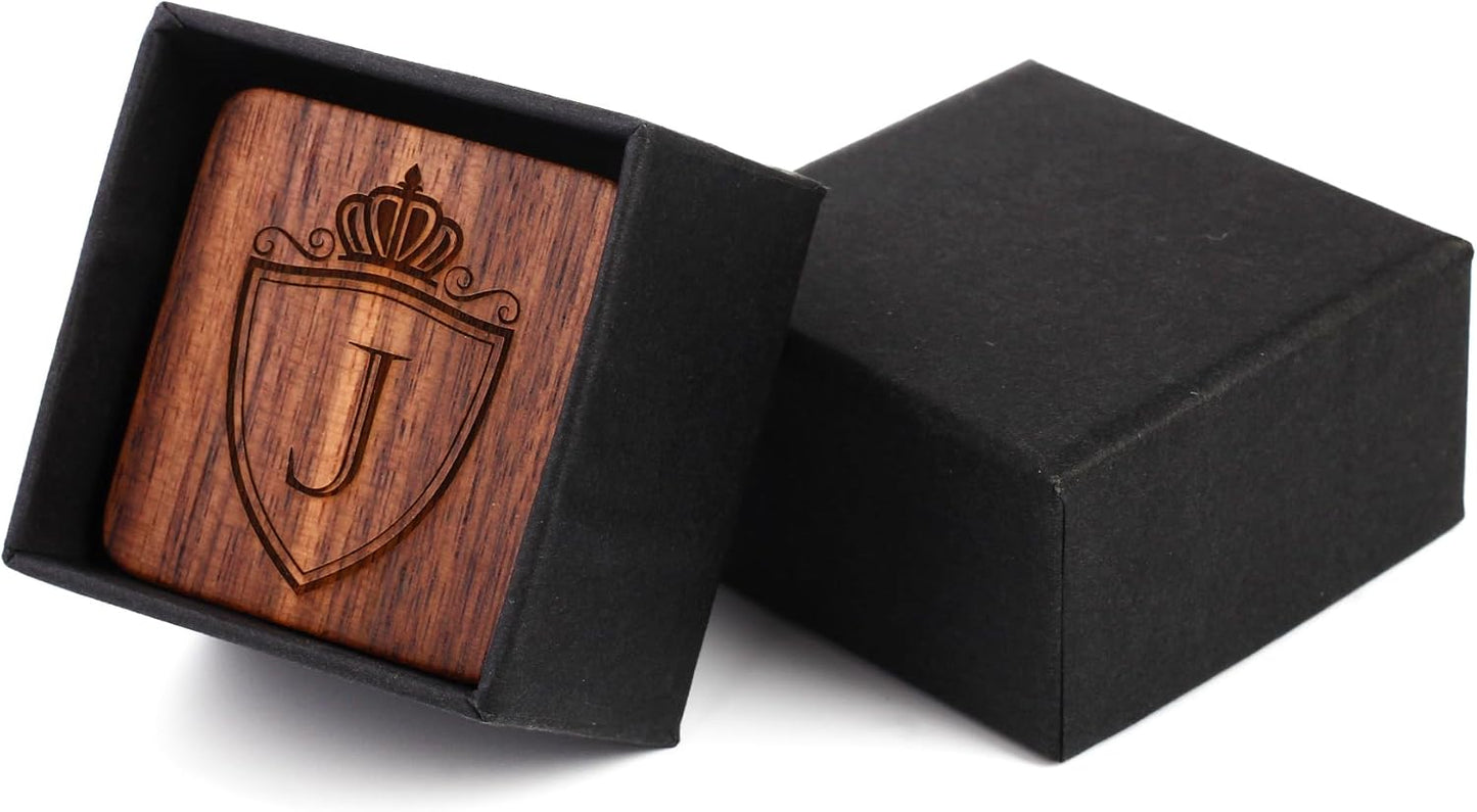 Mens Initial Silver Cufflinks A-Z Alphabet Letter Steel Cuff Links with Engraved Walnut Wood Box Groom Groomsman Wedding Set…