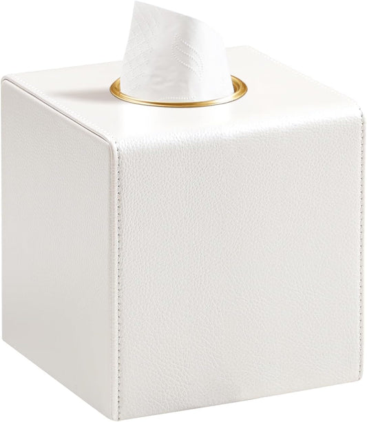 Square Tissue Box Cover, Luxury PU Leather Tissue Holder with Magnetic Closure (Beige)
