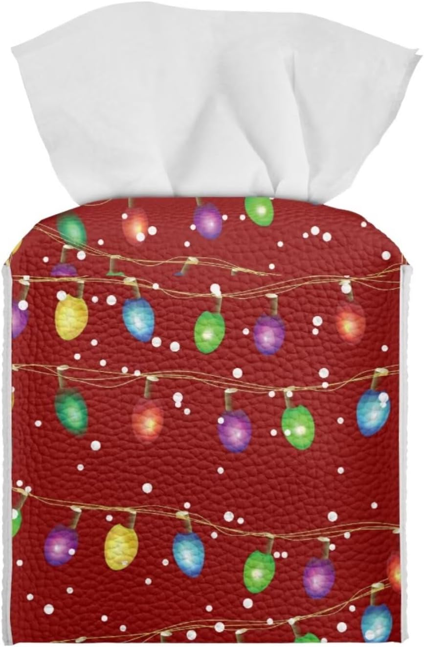 Christmas Tissue Box Cover Cube Leather Tissue Cover 5x5x5 inch Facial Paper Box Holder Christmas Home Decorations for Desk Bathroom Vanity Countertop