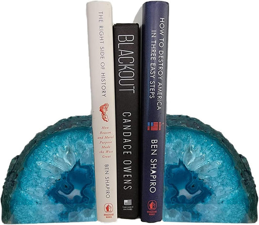 AMOYSTONE Teal Agate Bookends, Decorative Brazilian Crystal Quartz Book Stopper, 3-4 LBS with Non-Slip Mat, Perfect for Kitchen Cookbooks and Bookshelf Ends