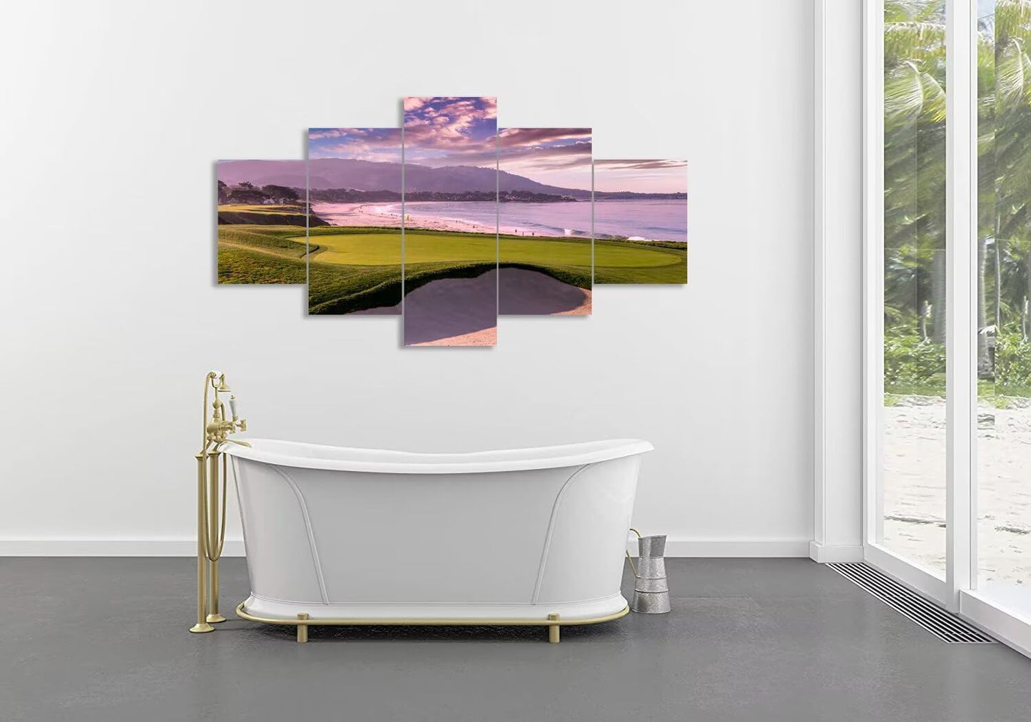 Pebble Beach Golf Course Hole 9th Wall Art Pictures Monterey California Golf Course Wall Decor for Living Room Bedroom Bathroom Home Decorations Canvas Prints Framed Ready to Hang(60''W x 40''H)