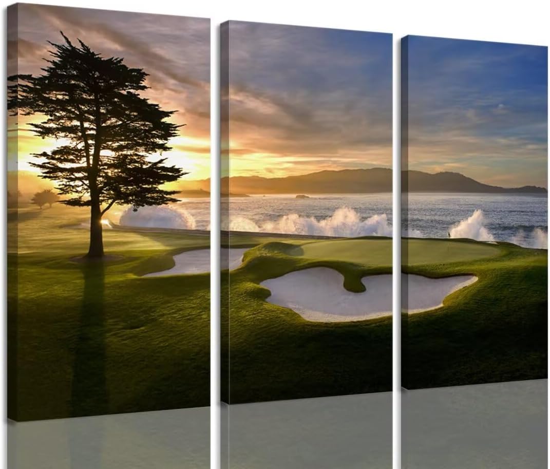 Pebble Beach Golf Course Wall Art Pictures Golf Wall Decor for Living Room Bedroom Home Decorations Golf Course Posters Framed Artwork Canvas Prints Ready to Hang(20''W x 40''H x3)