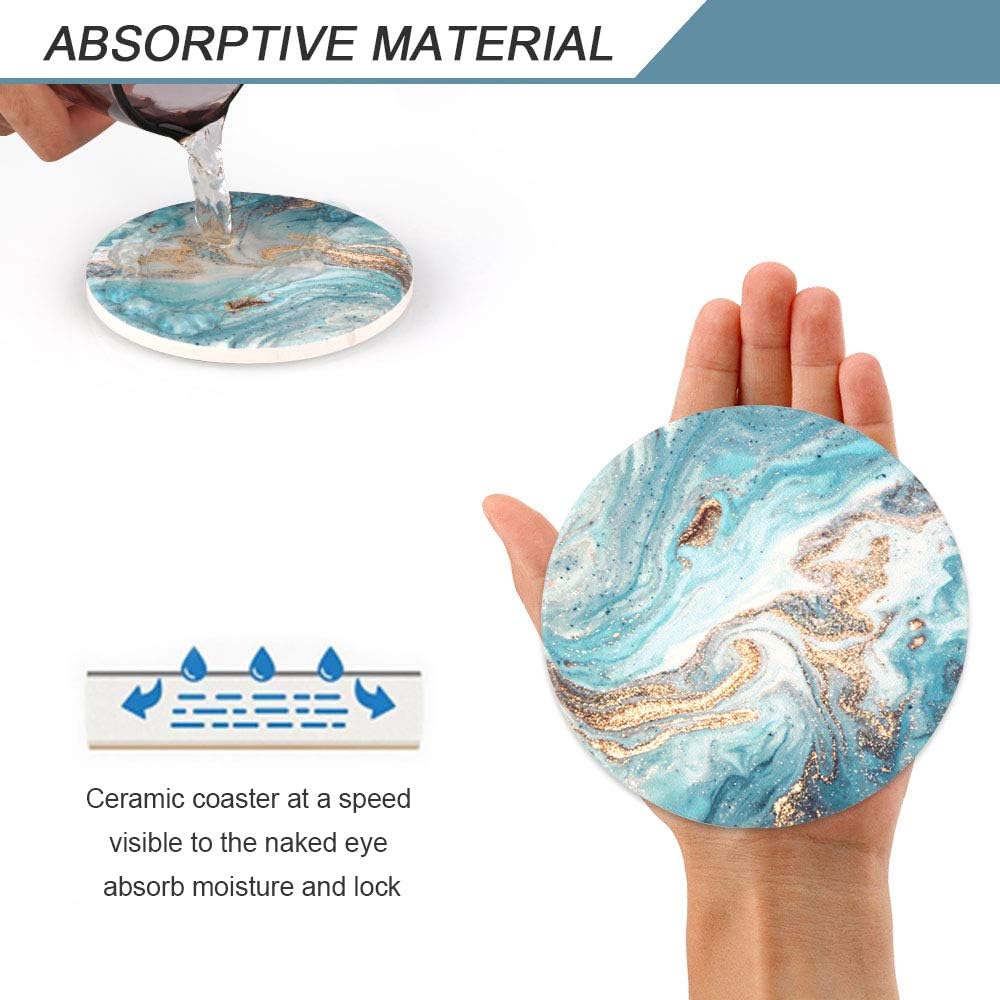 Lahome Marble Style Coasters - Round Drinks Absorbent Stone Coaster Set with Ceramic Stone and Cork Base for Kinds of Mugs and Cups (Blue, 4)