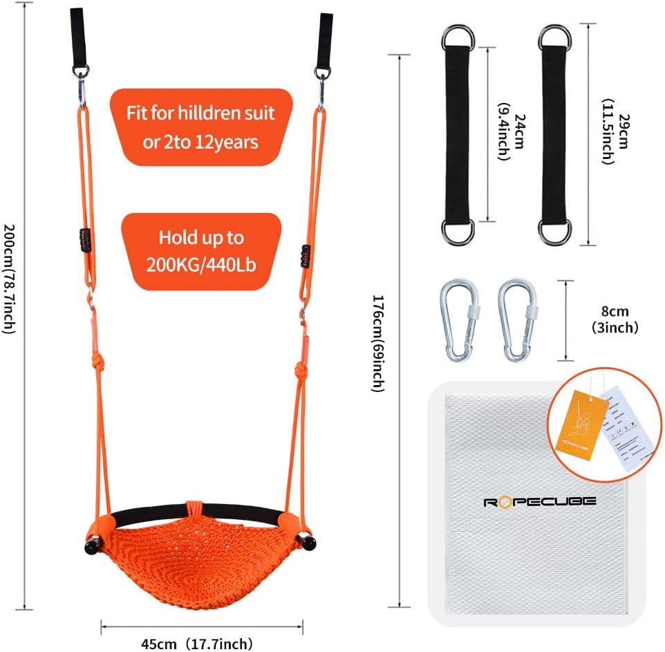 Hand-Knitting Toddler Swing, Swing Seat for Kids with Adjustable Ropes, Little tikes Swings Set, for Outdoor Indoor, Playground, Backyard (Orange)