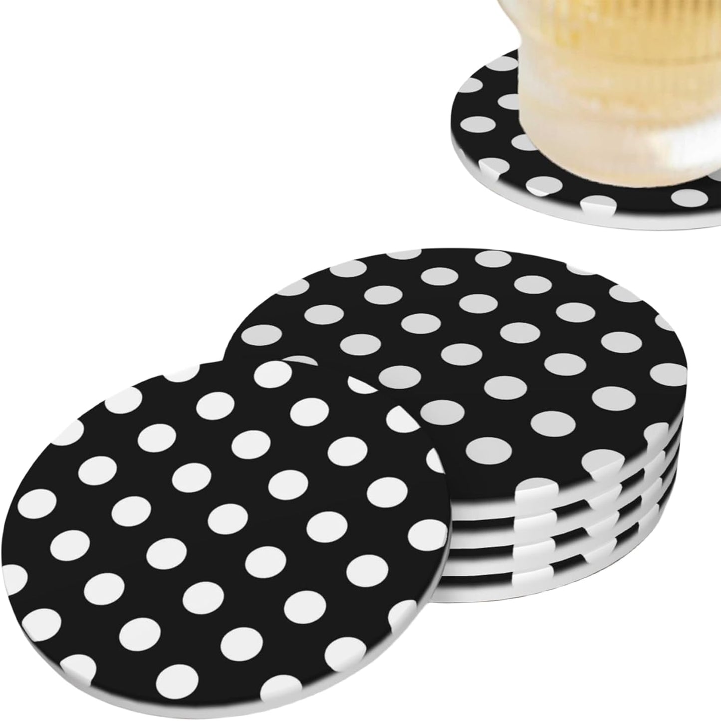 Black White Polka Dot Coasters for Drinks Set of 4, Absorbent Ceramic Drink Coasters for Coffee Table Wooden Table Cup Bar, 4 Inches