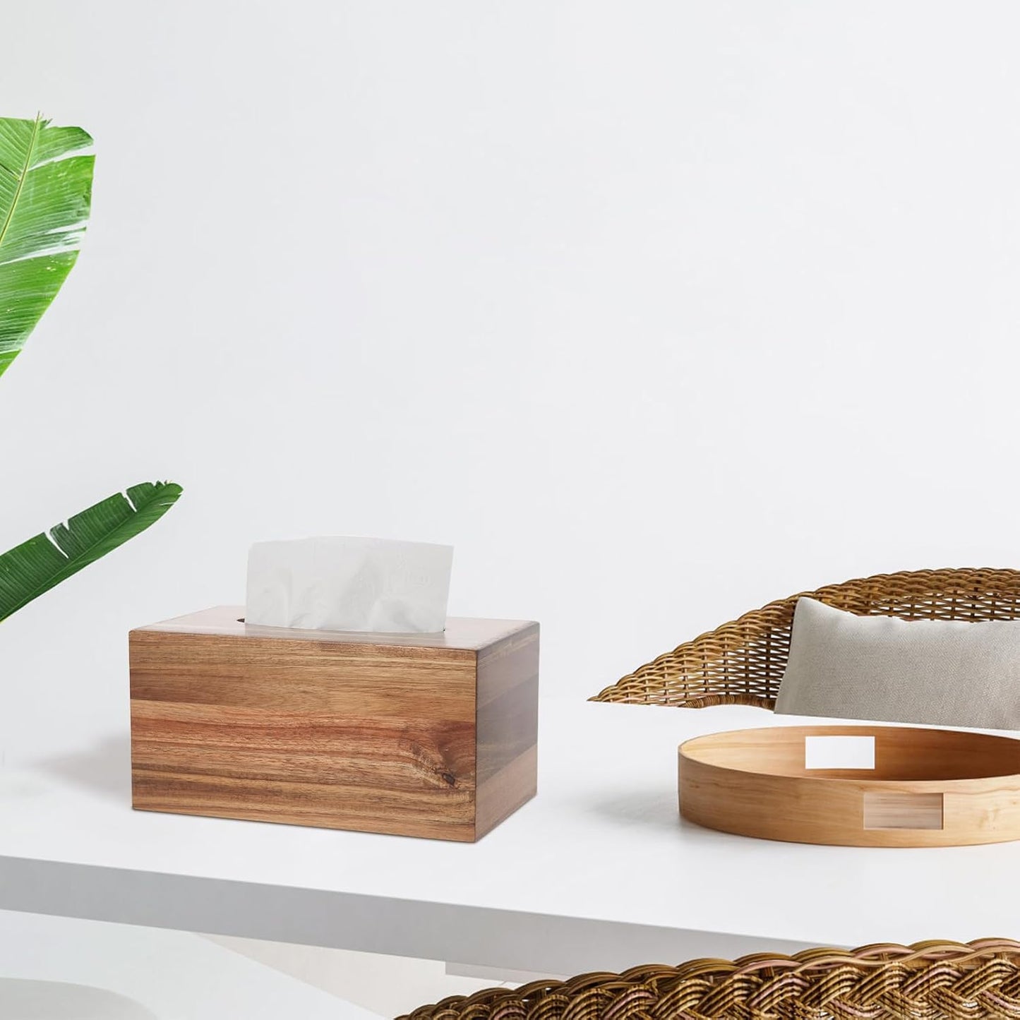 Wooden Tissue Box Cover, Tissue Box Holder with Slide-Out Bottom, (Acacia) (Acacia-Rectangle)