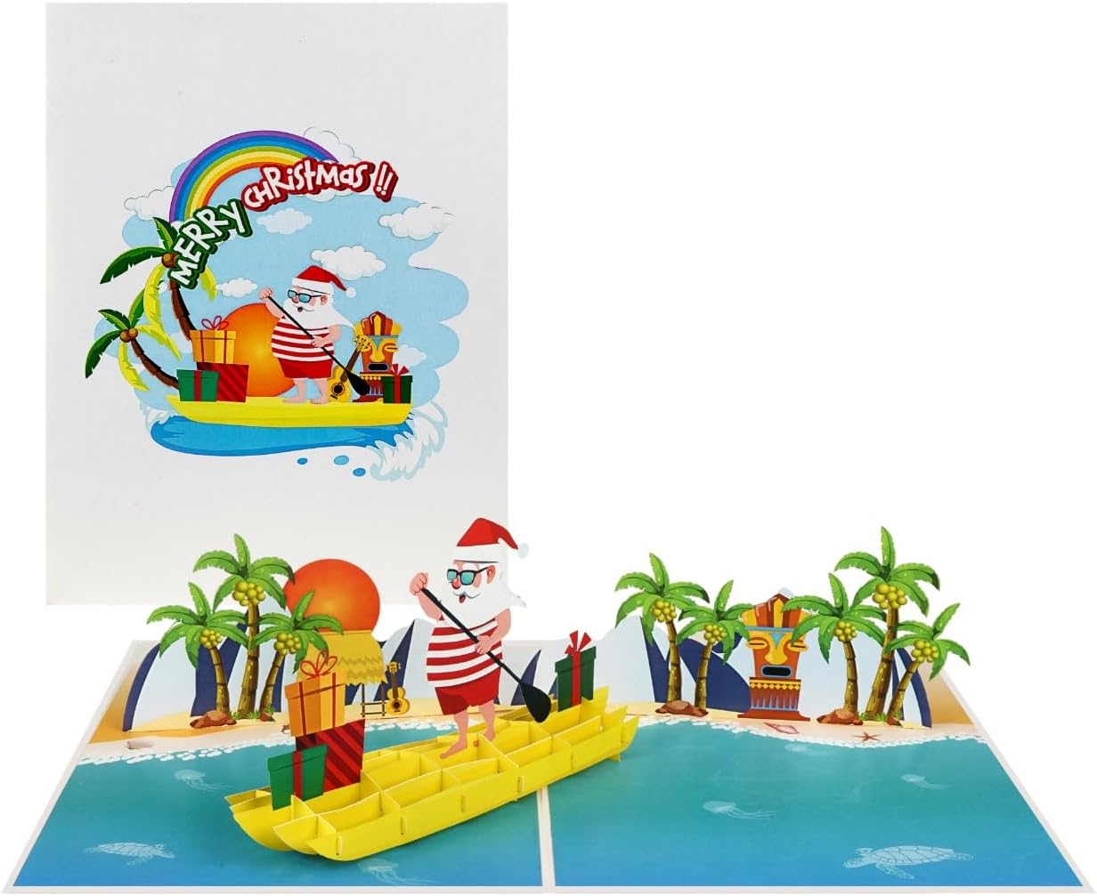 iGifts And Cards Tropical Santa 3D Pop Up Christmas Card - Warm Wishes from Down Under! Funny Beach Holiday Greeting with Santa Rowing a Canoe Full of Gifts – 6" x 8" with Notecard and Envelope
