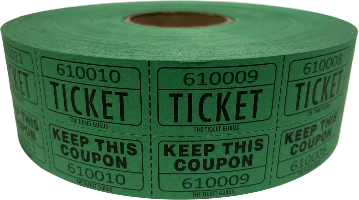 The Ticket Gurus Raffle Tickets - (4 Rolls of 2000 Double Tickets) 8,000 Total 50/50 Raffle Tickets (Blue/Yellow/Red/Green)