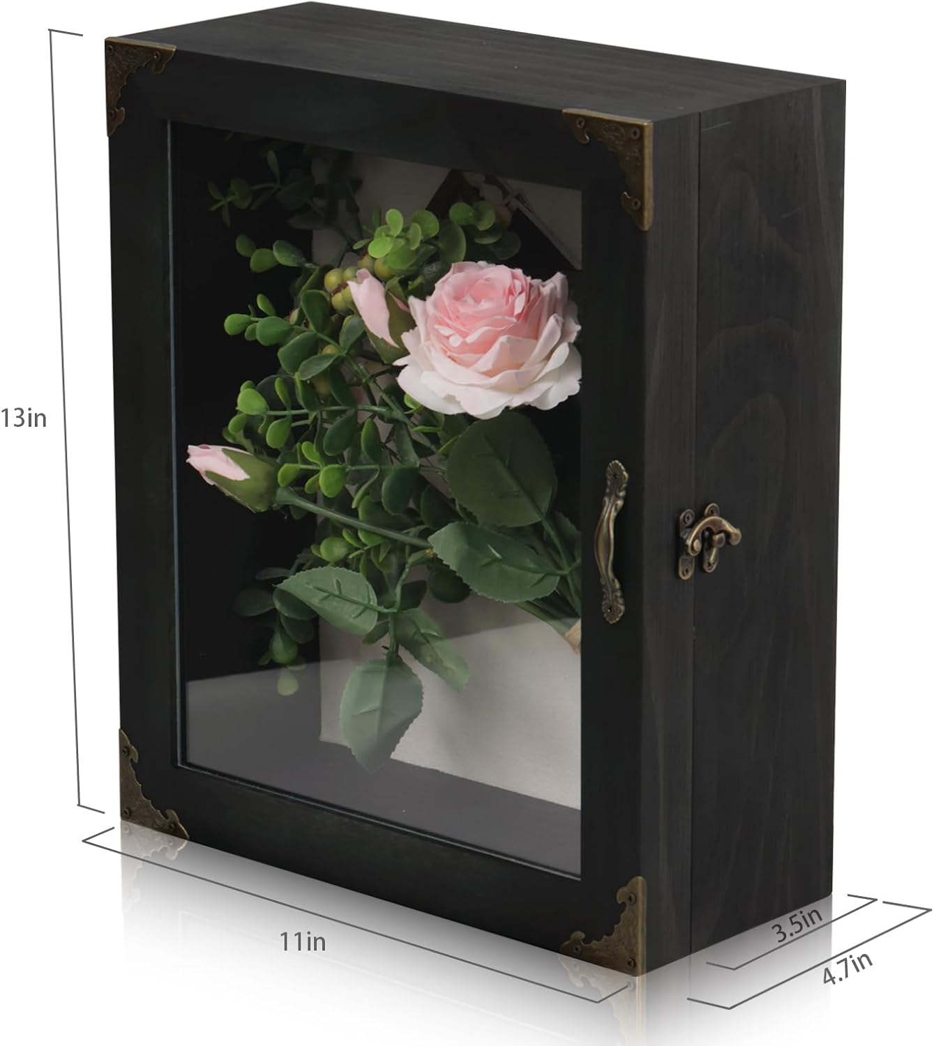 Shadow Box Frame 11x13, Depth 5in Shadow Boxes Display Cases, Acrylic Door, Rustic Burnt Wood, Vintage Metal Accents, Hinged Door, Metal Handle and Latch, Linen Back