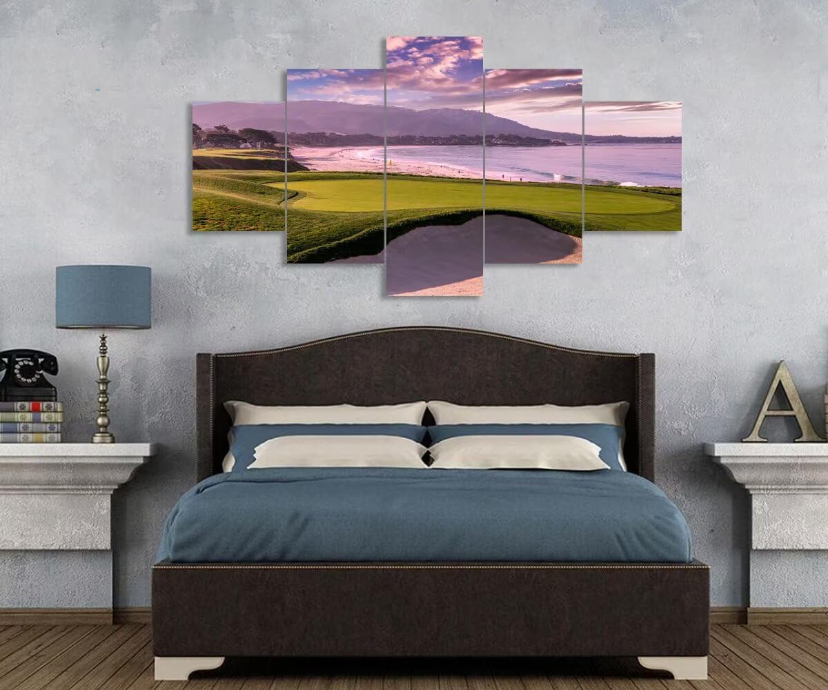Pebble Beach Golf Course Hole 9th Wall Art Pictures Monterey California Golf Course Wall Decor for Living Room Bedroom Bathroom Home Decorations Canvas Prints Framed Ready to Hang(60''W x 32''H)