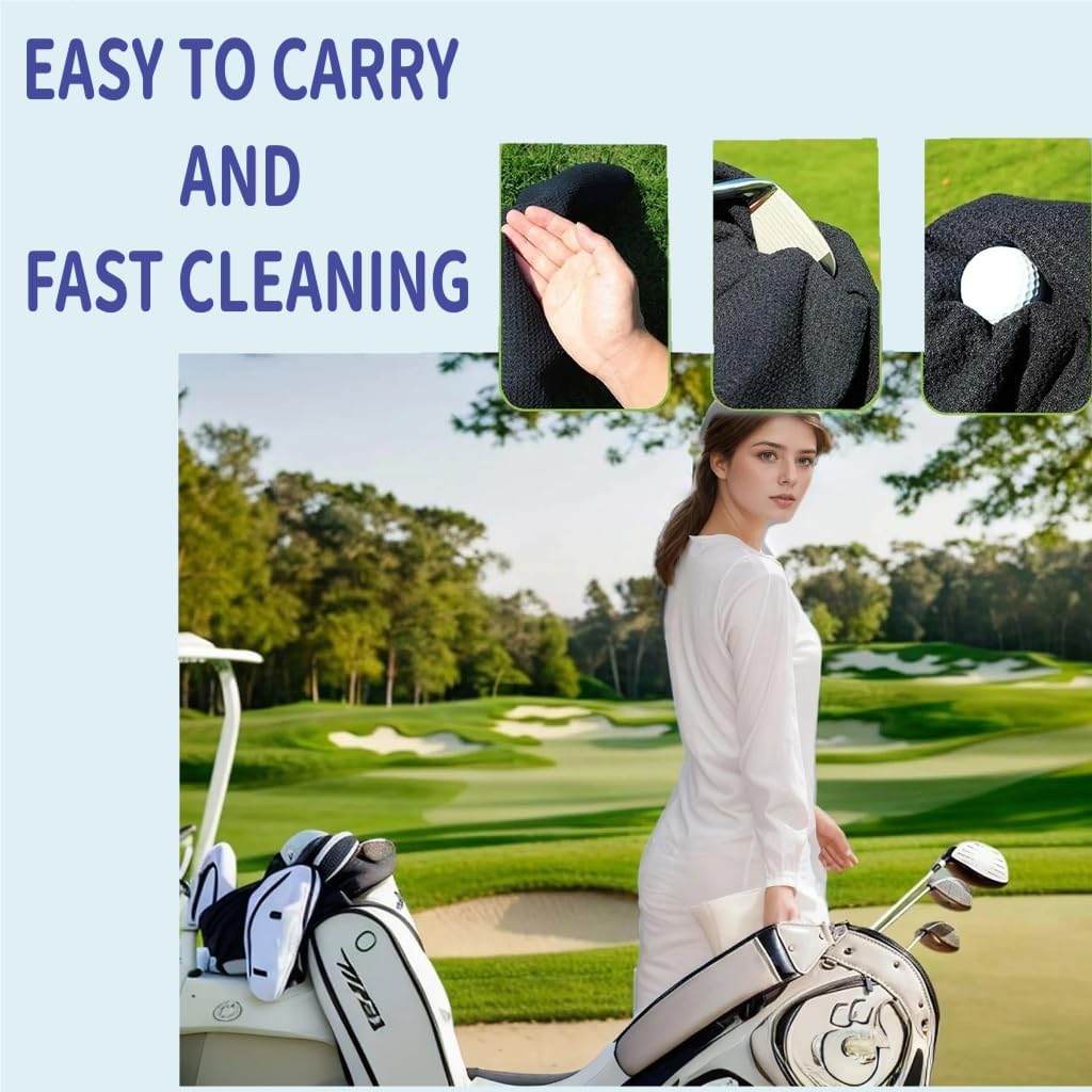Magnetic Golf Towel, 16"x16" Black Microfiber, Strong Magnet & 3 Grommet Design, Carabiner Hook, Super Absorbent & Easy Clean, Golf Bag Accessory (Black, (16"*16") x2)