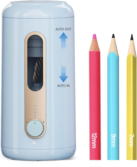 Deli Electric Pencil Sharpener - Fully Automatic, Hands-Free, Rechargeable for 6.9-12mm Pencils - Home & Classroom - Blue