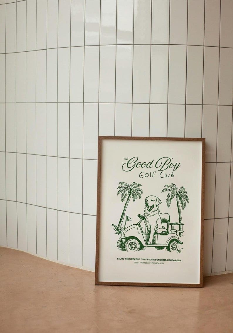 Good Boy Golf Club Poster, Golden Retriever Dog Driving Golf Cart Print, Funny Retro Golf Wall Art, Stylish Golf Wall Decor for Home, Office, or Man Cave (Unframed) (9x11)