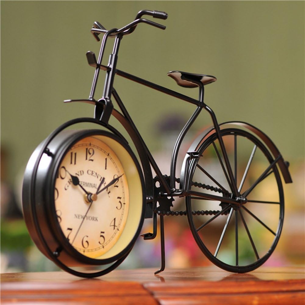 Desk Clock Vintage Table Bike Clock Desktop Silent Metal Clock for Office Bedroom Quartz Decor Black