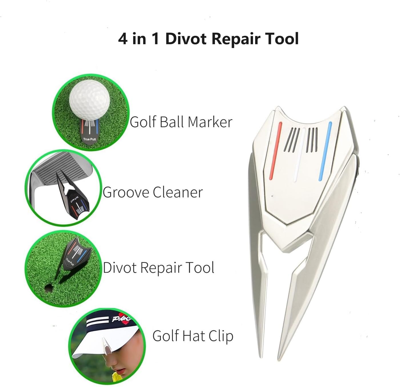 Multifunctional Golf Divot Repair Tool with Strong Magnetic Golf Ball Marker & Hat Clip, Metal Golf Divot Tool with Alignment Ball Marker, Universal, Silvia