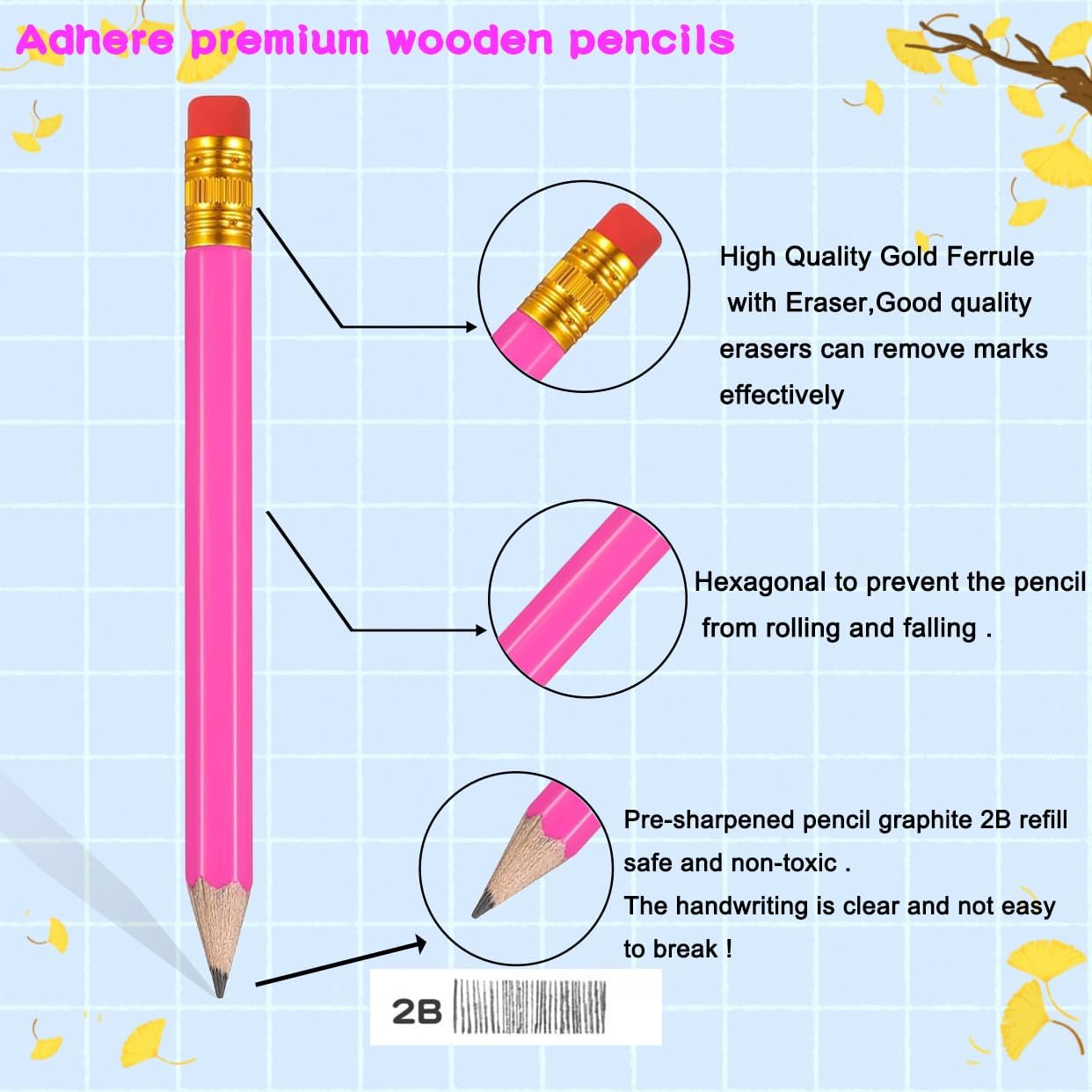 Adhere 25pcs Golf Pencils with Eraser Pre sharpened Hexagon half Wooden Pencils Graphite 2B for Golf Event Scoring,Classroom,Wedding,Company Meetings,Pew, Pocket (Rose Red)