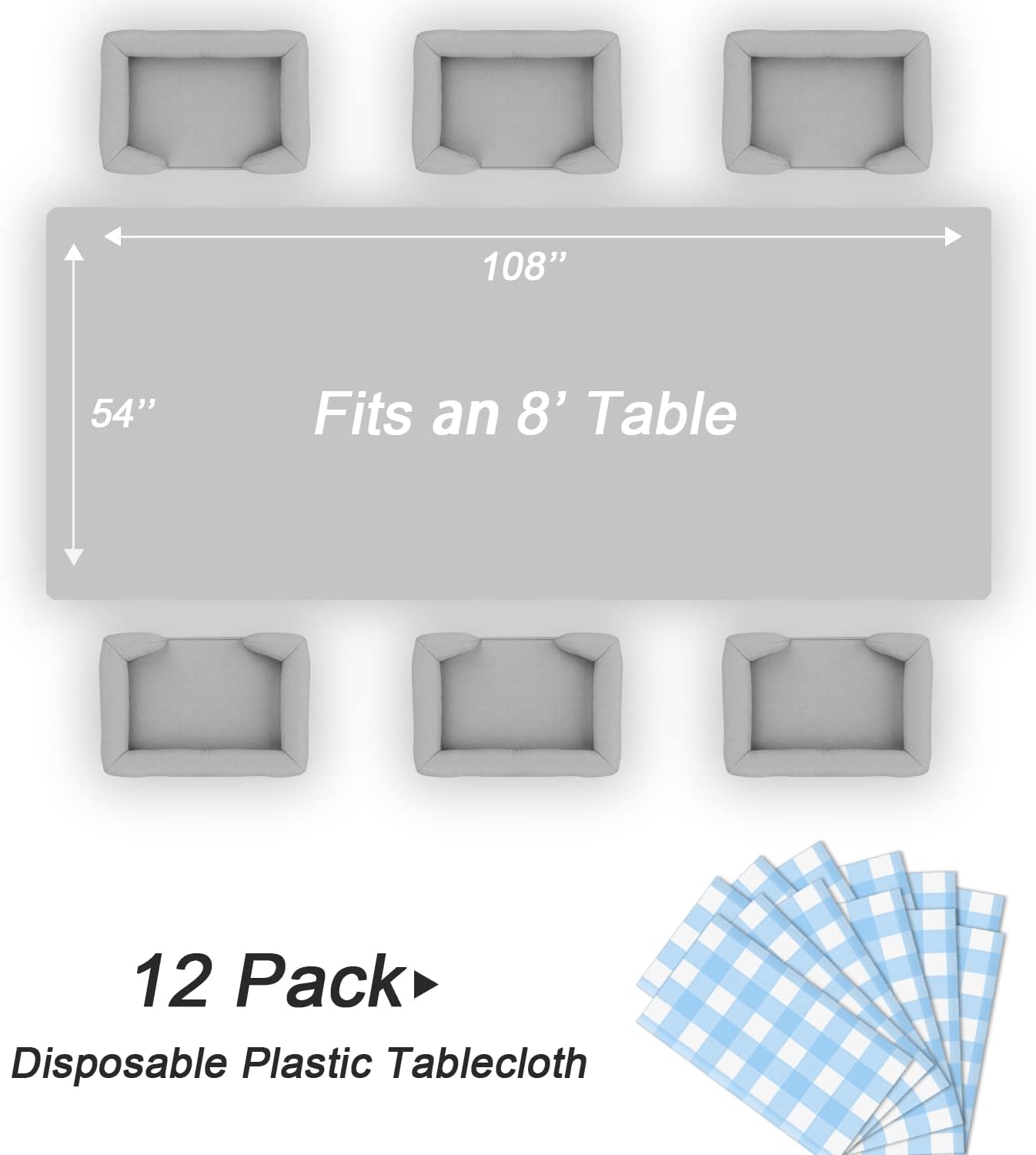 QIKSION Blue Gingham Tablecloth Disposable 12 Pack, 54 x 108 Inch Blue and White Checkered Table Cloth for Rectangle Tables, Plastic Table Cover