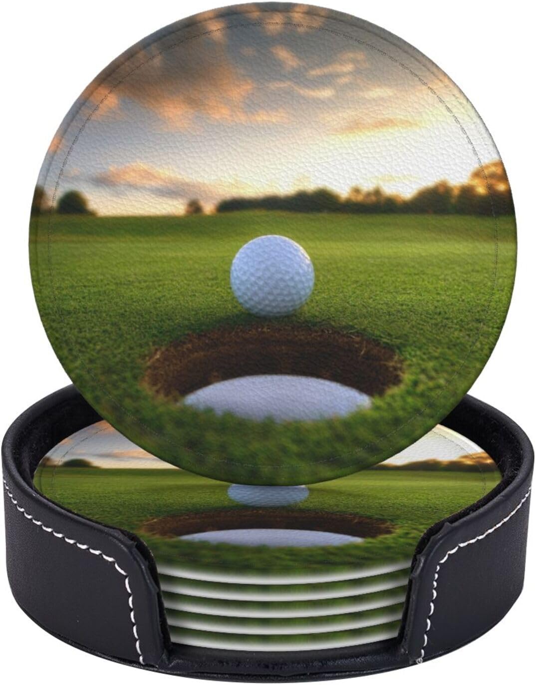 Funny Golf Scenery Coasters for Drinks Round Leather Coaster with Holder Set of 6 for Tabletop Protection Desk Accessories Office Home Room Decor