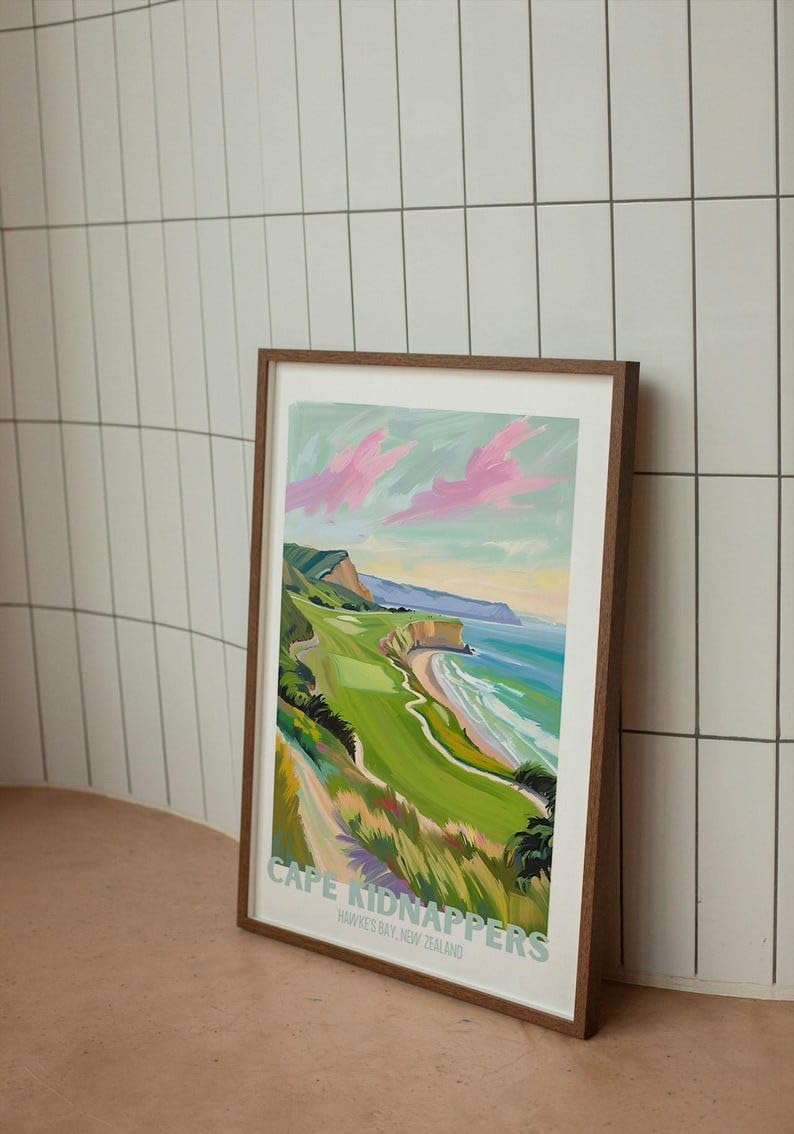 Nationcog Golf Wall Art Print, Cape Kidnappers New Zealand Golf Course Poster, Scenic Coastal Painting, Trendy Sports Decor, Vintage Golf Artwork, Ideal Gift for Golf Lovers (Unframed) (11x14)