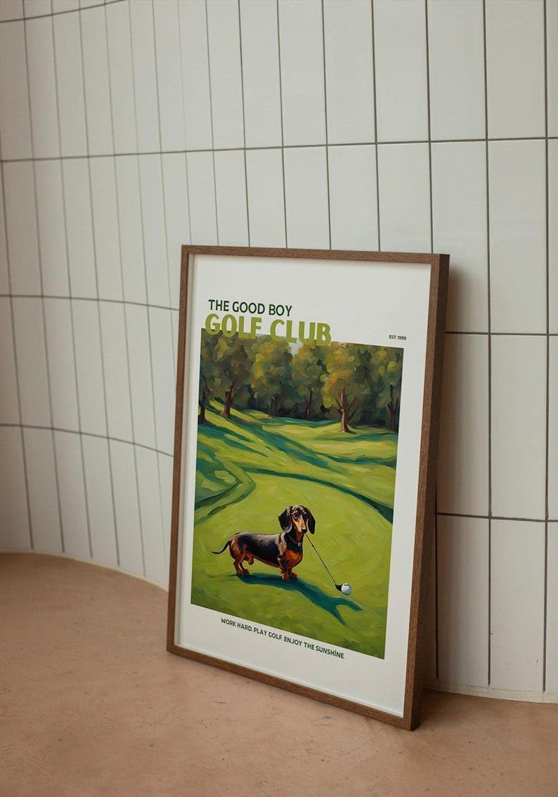 Nationcog Golf Wall Art Print, Good Boy Golf Club Poster with Dachshund Dog, Colorful Impasto Painting, Retro Sports Decor, Funny Wiener Dog Artwork, Great Gift for Golf Fans (Unframed) (12x18)