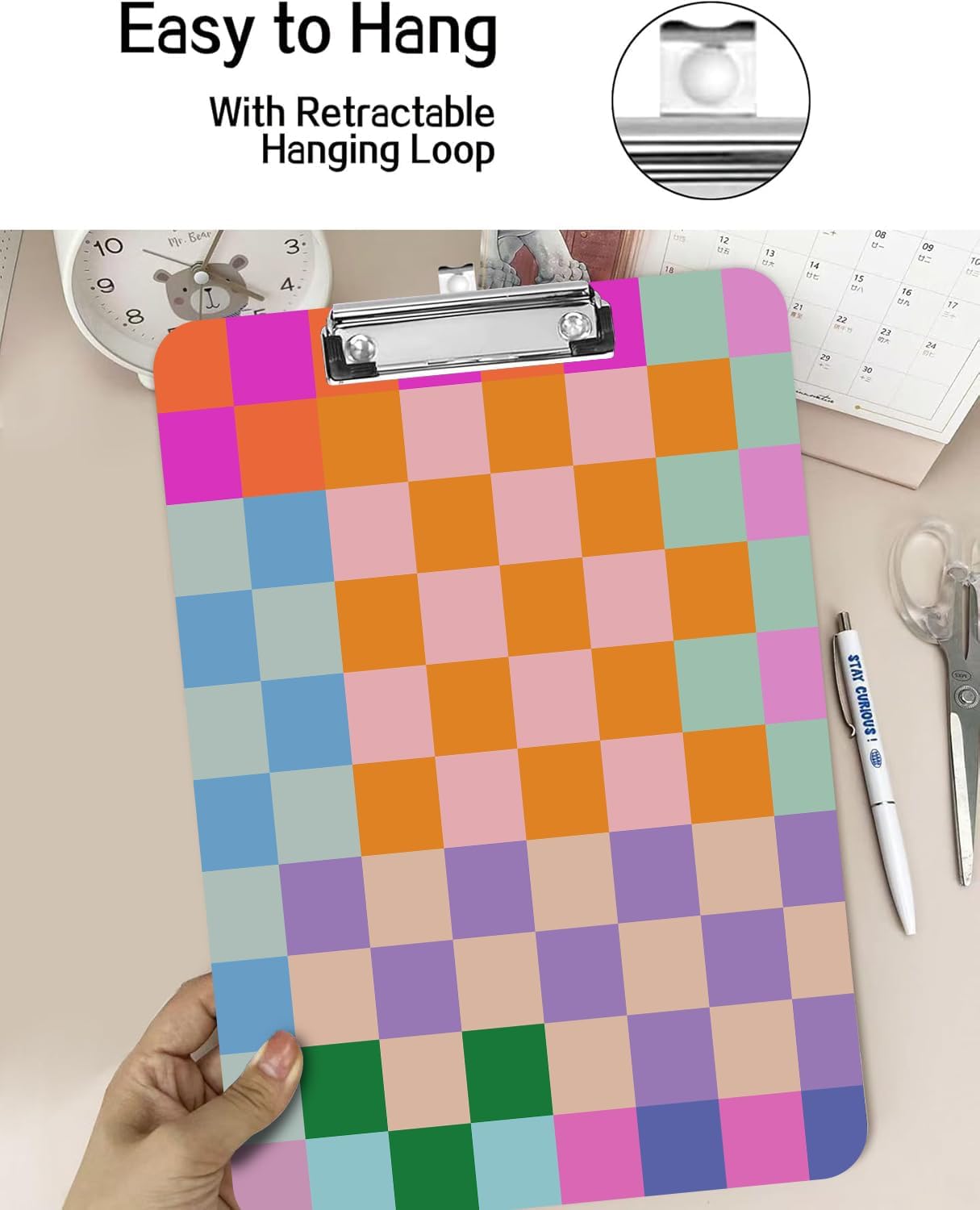 Fashion A4 Clipboard, Standard Letter Size 9" x 12.5", Decorative Wooden Clipboard with Low Profile Metal Clip for Office, School, Teachers, and Students, Colorful Checkered