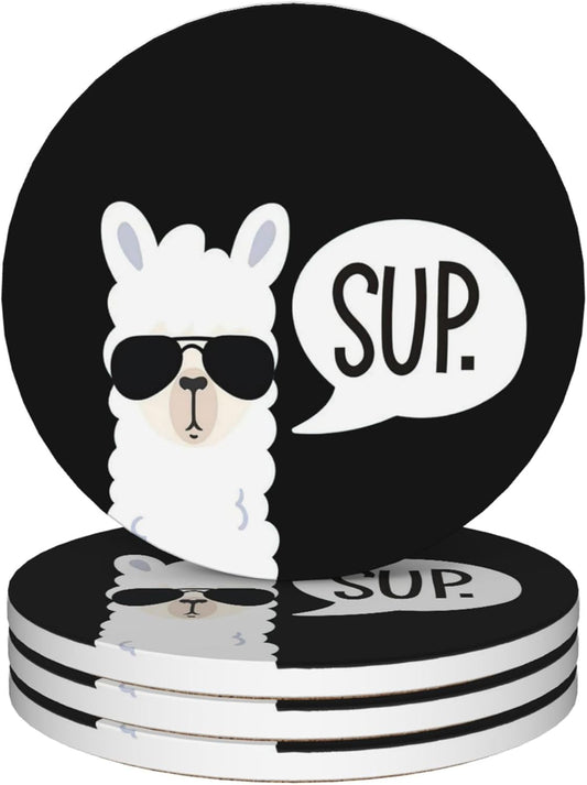 Coasters for Drinks,Set of 4 Absorbent Coasters,Sup Llama Funny Ceramic Coasters with Cork Base,Cup Coaster for Coffee Table Protection,Gifts for Housewarming Birthday - Home and Dining Room Decor