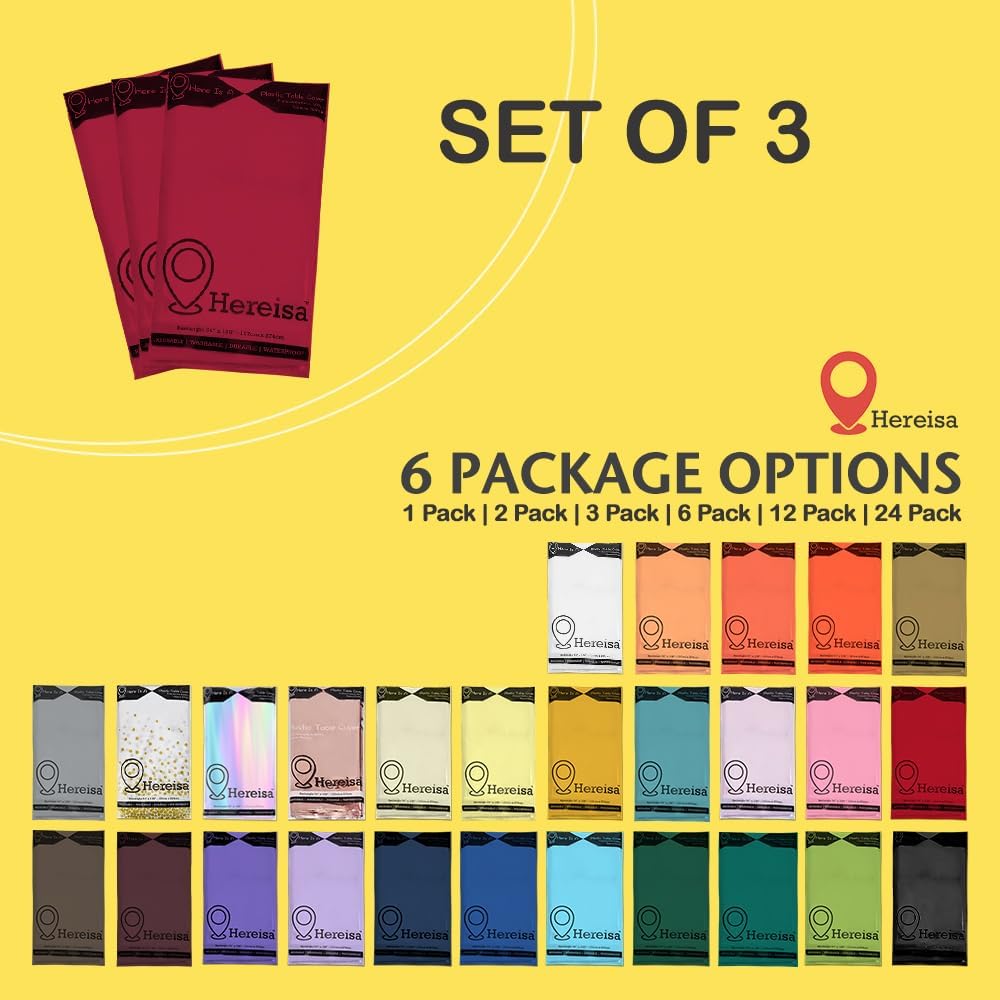 Plastic Cerise Tablecloths 3 Pack Disposable Table Covers 54 x 108 Inches Pitch Onyx Table Cloths for Parties Birthdays Weddings Anniversary BBQ Picnic, Fits 6 to 8 Foot Rectangle Tables