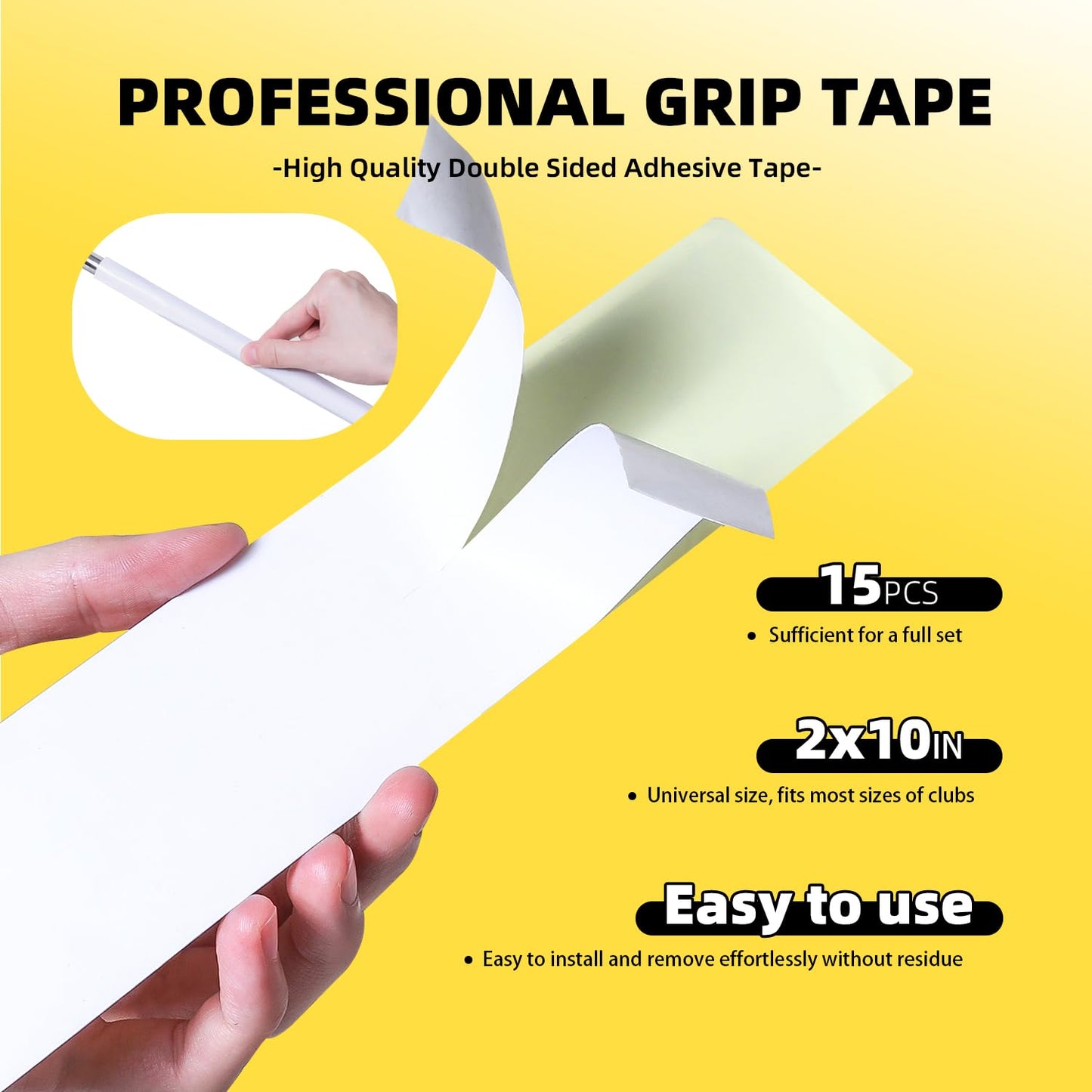 15 Professional Golf Grip Tape Strips - 2"x10" Pre-Cut Solvent Activated Double Sided Adhesive Strips for Regripping Golf Clubs, Residue-Free Removal for All Shaft Types