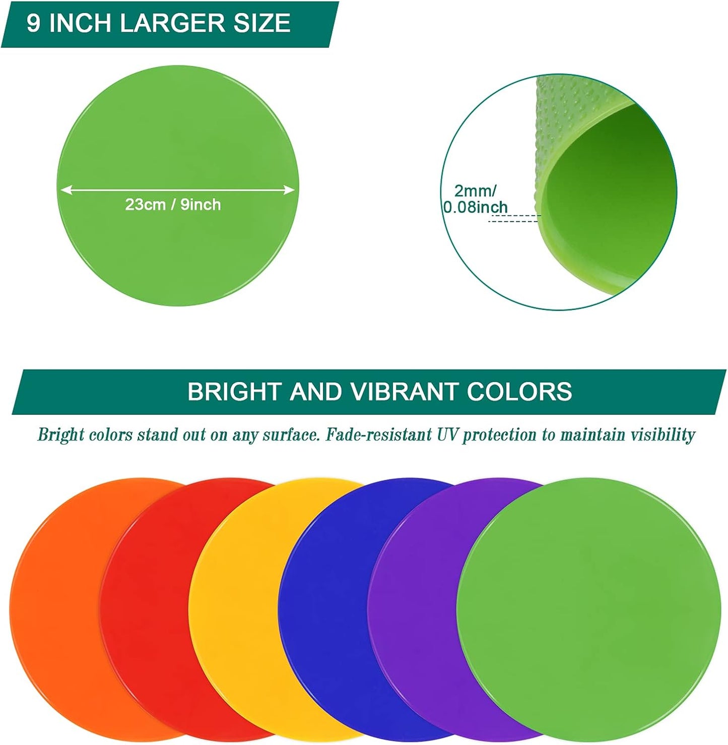 9 Inch Poly Spot Markers for Gym Floor Poly Spots, 12/18/24/36 Pcs Round Non-Slip Rubber Floor Dots Agility Markers Flat Cones for Sports Soccer PE Training, Dance, Classroom Activities